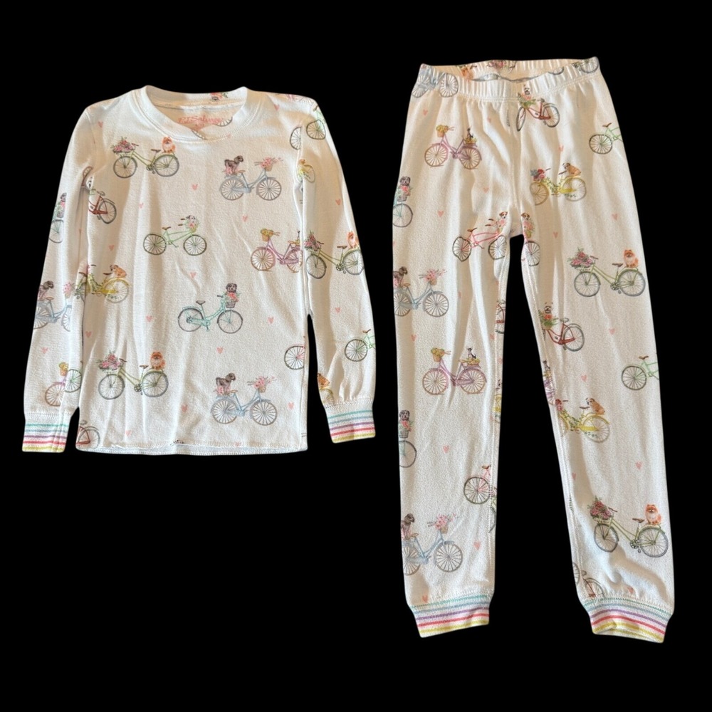PJ Salvage Kids Pajama Set 6/XS White Dog Bicycle Print Whimsical Cozy Sleepwear